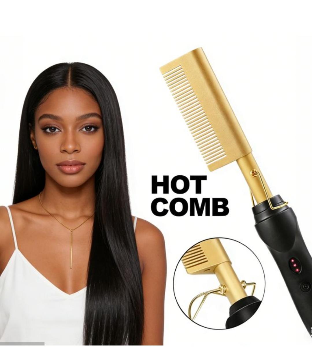Golden Electric Hot Comb Hair Straightener for Women – Fast Heat Ceramic Pressing Comb with Adjustable Temperature for Natural Hair, Wigs, Weaves & Salon Styling