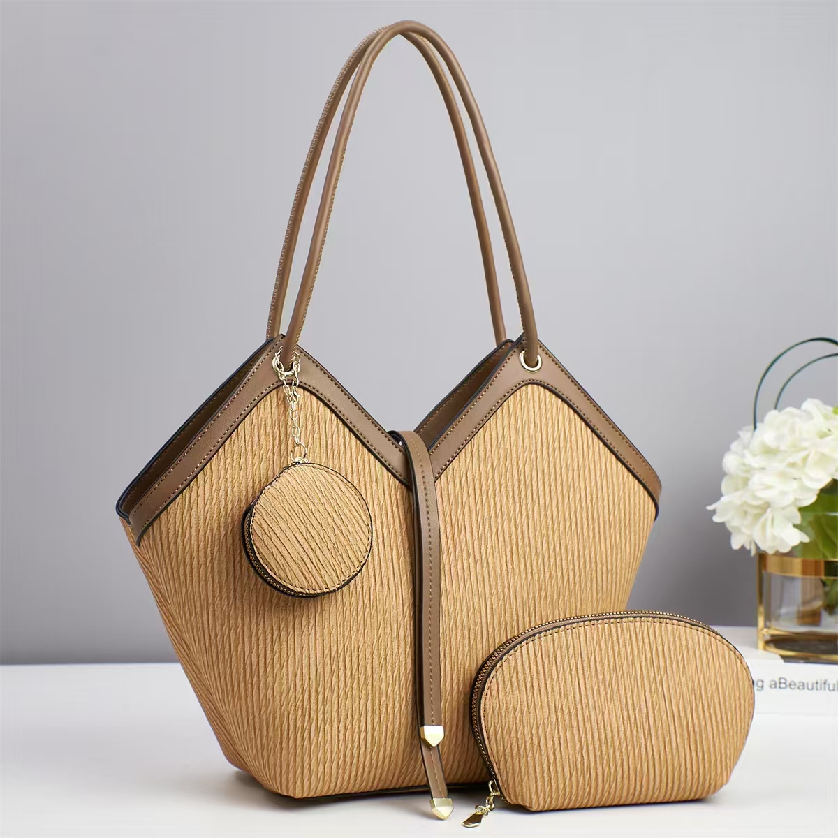 Luxury Designer Women's Tote Handbag Set – Elegant Large Capacity Shoulder Bag with Matching Cosmetic Pouch & Coin Purse | Fashion PU Leather Ladies Handbag for Work, Travel & Daily Use