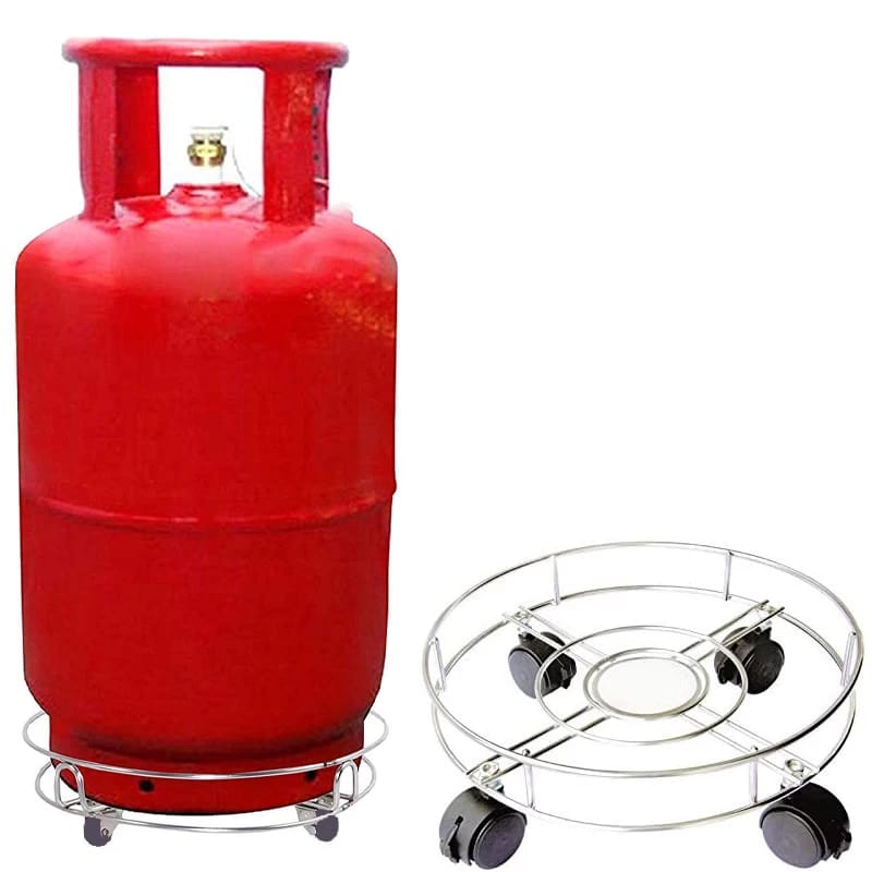 Heavy Duty Stainless Steel Movable Gas Cylinder Trolley Stand with Wheels – Portable LPG Gas Bottle Carrier Cart for Home, Kitchen & Industrial Use