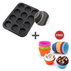 2 in 1 BAKING SET!!! Non-Stick Muffin & Cupcake Baking Tray + (FREE 12pcs silicone reusable cupcakes mould)