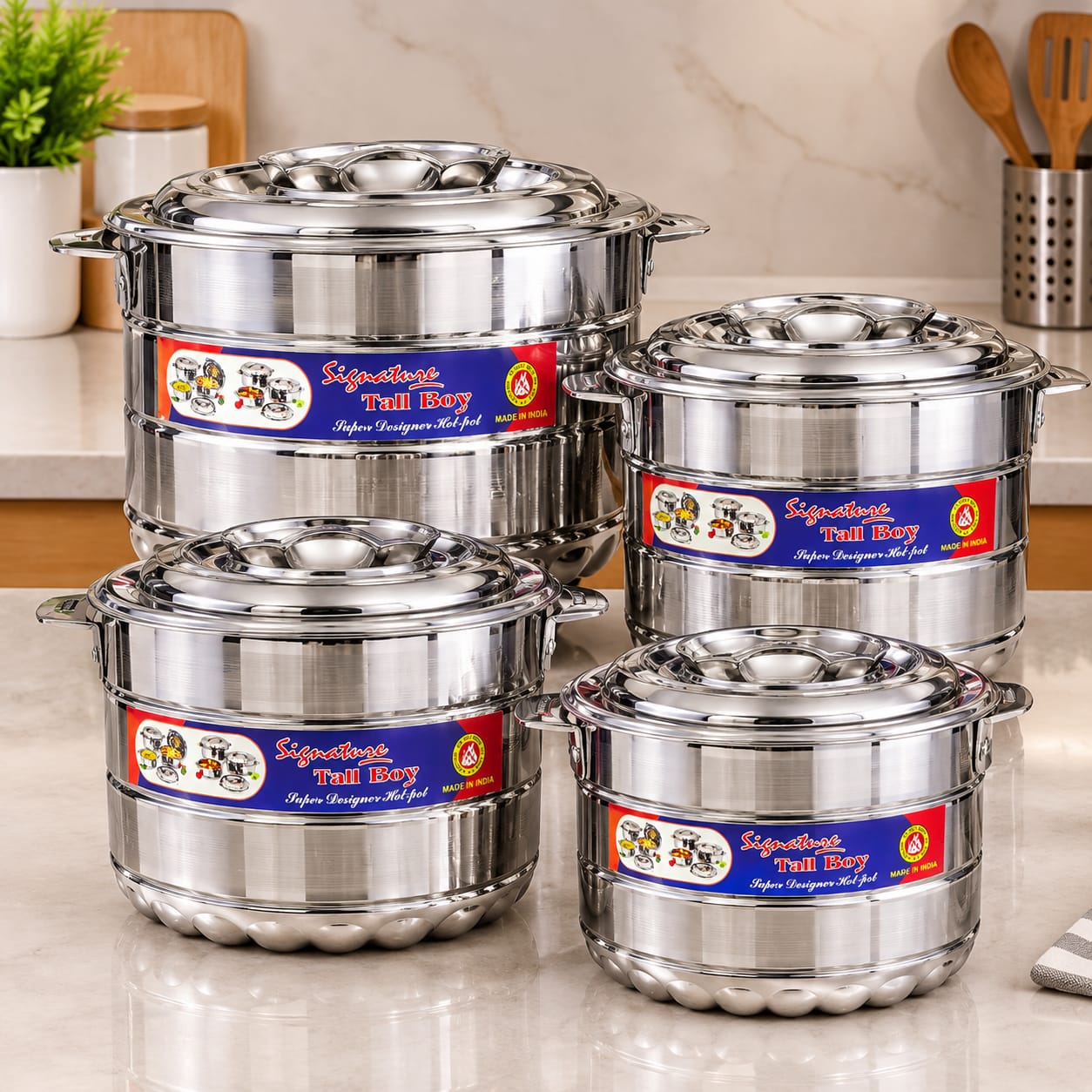 4PIECES SIGNATURE TALL BOY HOTPOT(1000,1500,2500,3500)Ml This double wall strong and sturdy HOT POT is made of stainless steel and insulated with top quality material to keep your food hot and cold