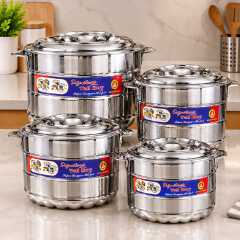4PIECES SIGNATURE TALL BOY HOTPOT(1000,1500,2500,3500)Ml This double wall strong and sturdy HOT POT is made of stainless steel and insulated with top quality material to keep your food hot and cold