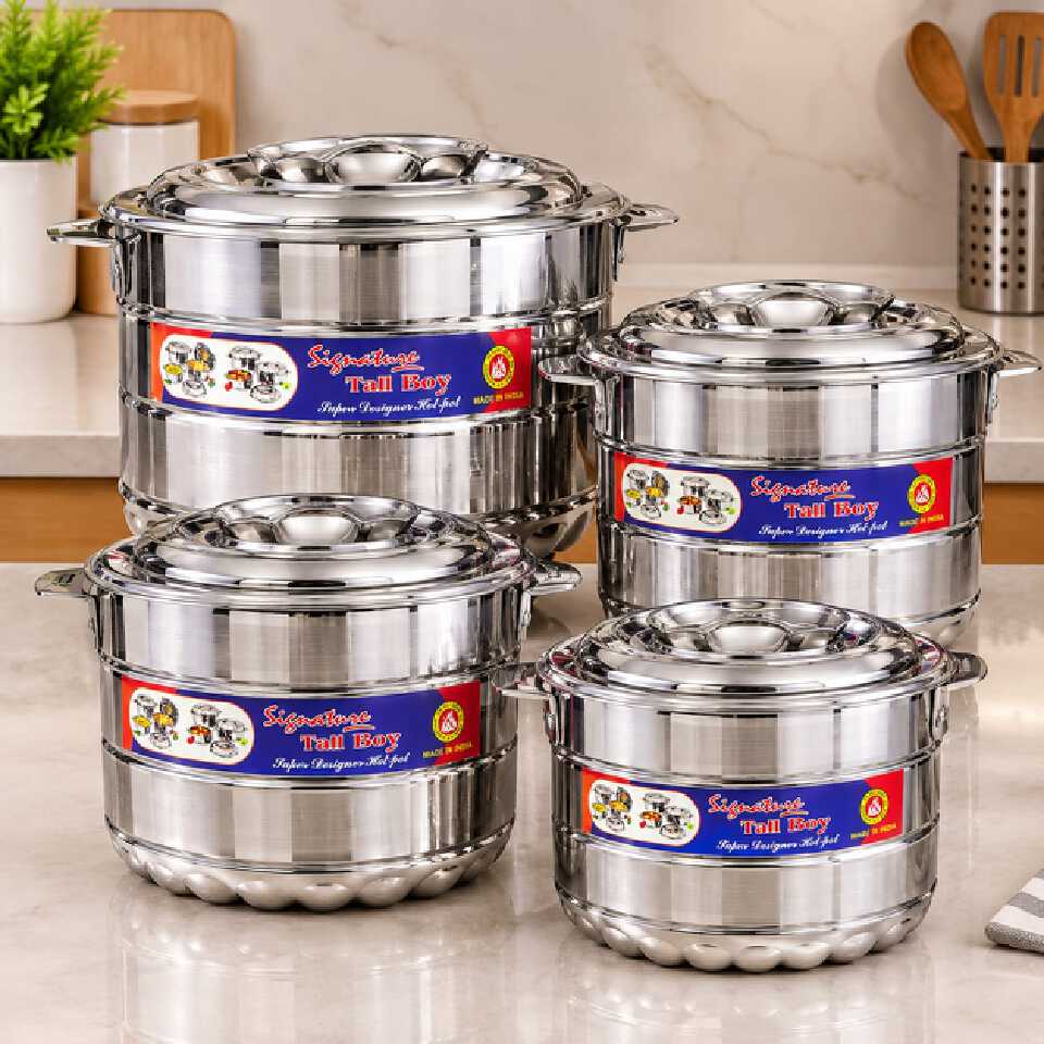 4PIECES SIGNATURE TALL BOY HOTPOT(1000,1500,2500,3500)Ml This double wall strong and sturdy HOT POT is made of stainless steel and insulated with top quality material to keep your food hot and cold