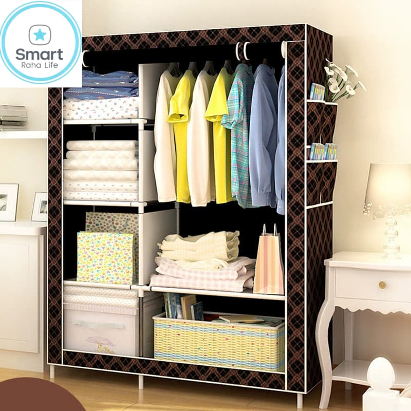【Promotion】Smartrahalife 105CM 2 Columns Metallic Wardrobe Black Gold Large Capacity Closet Organizer Assemble Storage Closet Portable Clothing Rack for Bedroom, Home, Dormitory Sturdy Steel Frame