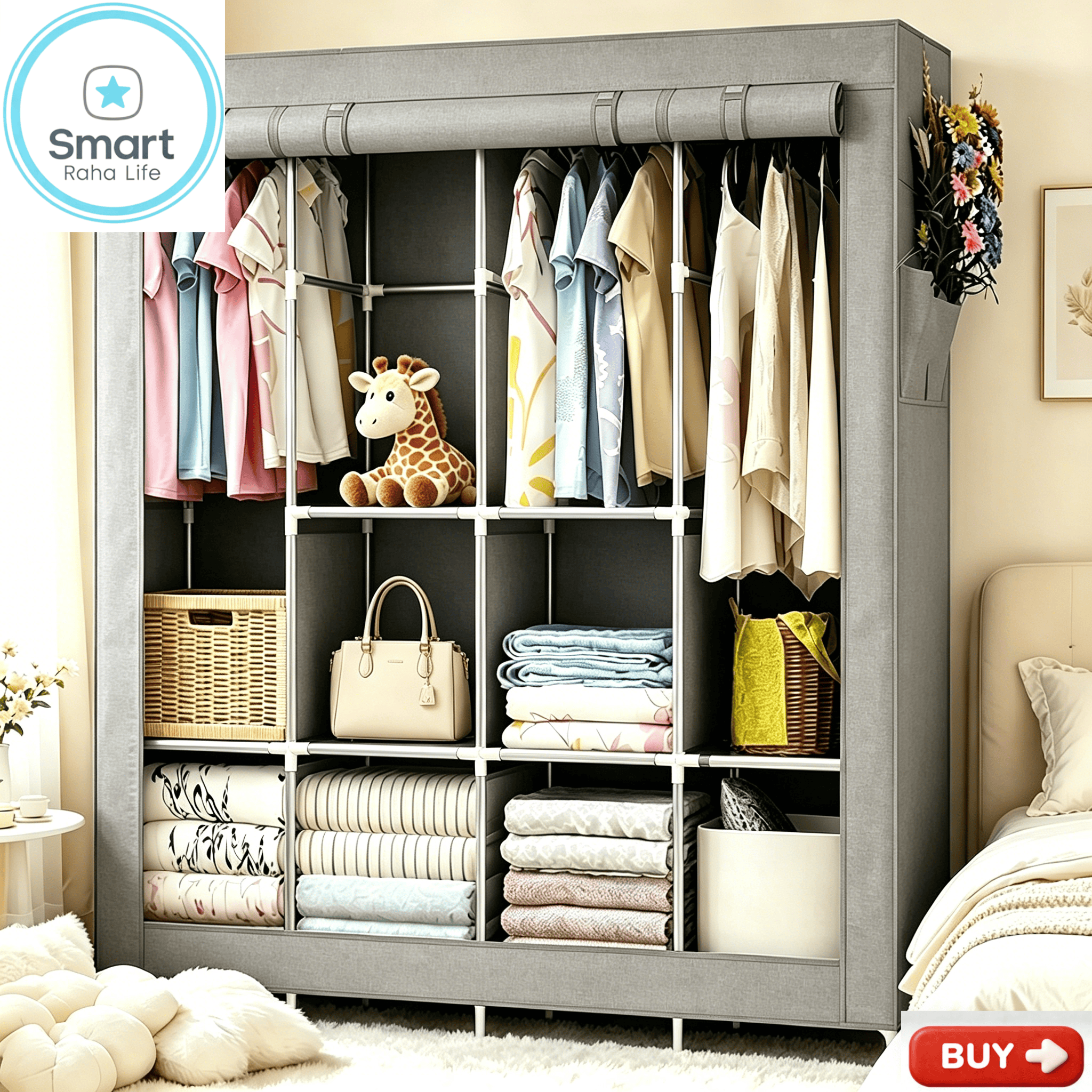 【Promotion】Smartrahalife 135CM 4 Columns Metallic Wardrobe Large Capacity Closet Organizer Assemble Storage Closet Portable Clothing Rack for Bedroom, Home, Dormitory Sturdy Steel Frame