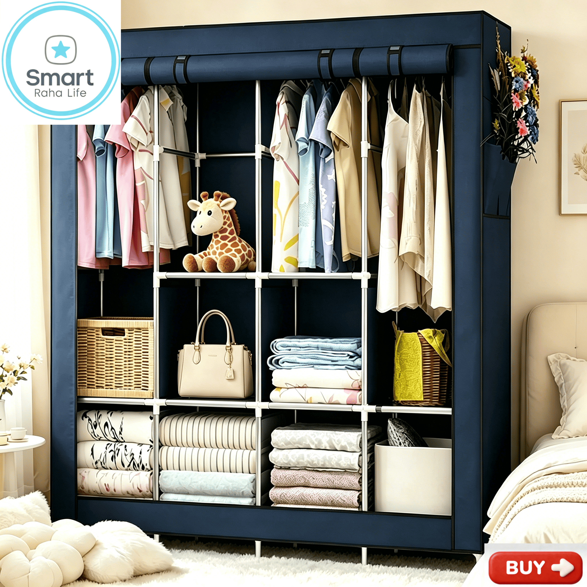 【Promotion】Smartrahalife 135CM 4 Columns Metallic Wardrobe Large Capacity Closet Organizer Assemble Storage Closet Portable Clothing Rack for Bedroom, Home, Dormitory Sturdy Steel Frame