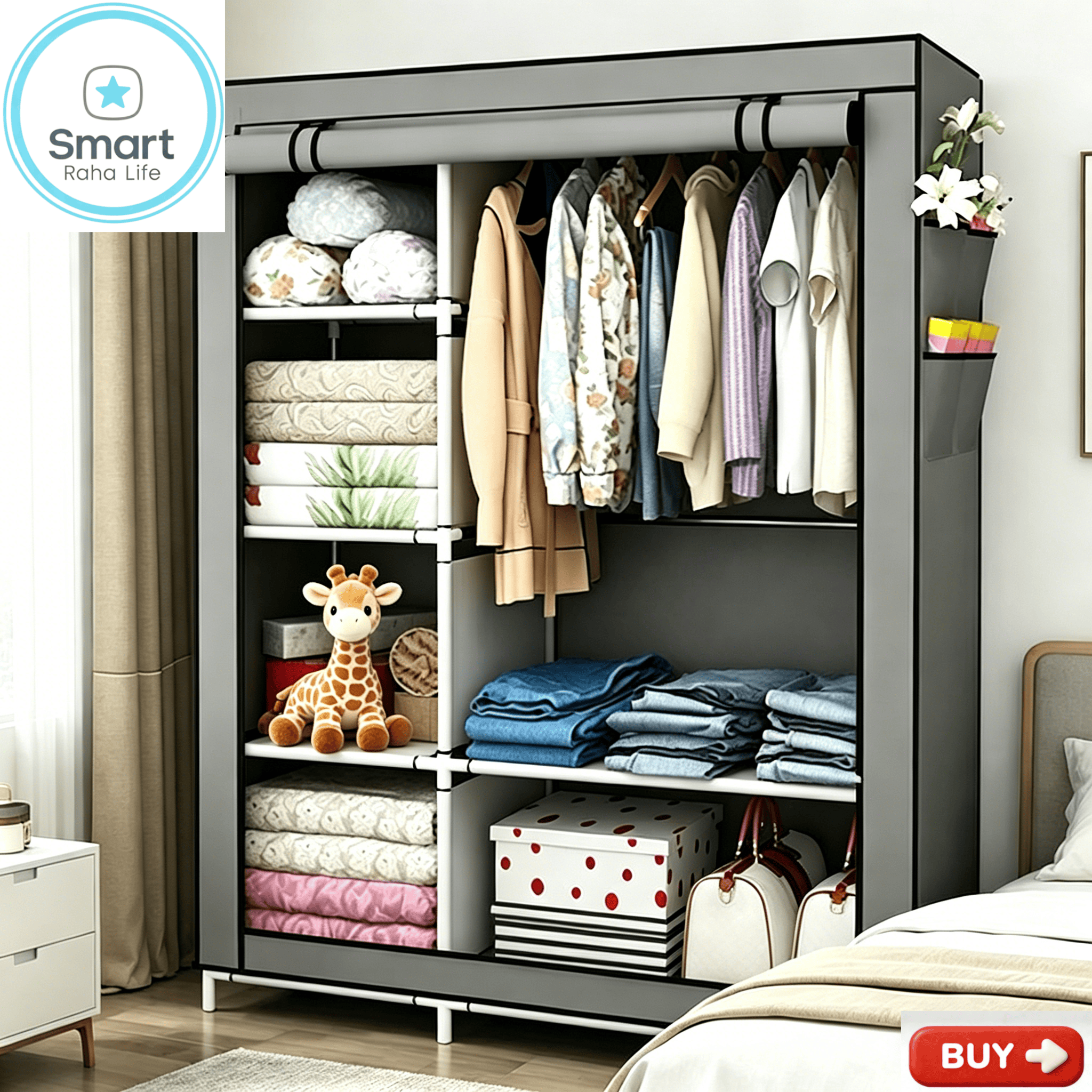 【Promotion】Smartrahalife 105CM 2 Columns Metallic Wardrobe Large Capacity Closet Organizer Assemble Storage Closet Portable Clothing Rack for Bedroom, Home, Dormitory Sturdy Steel Frame