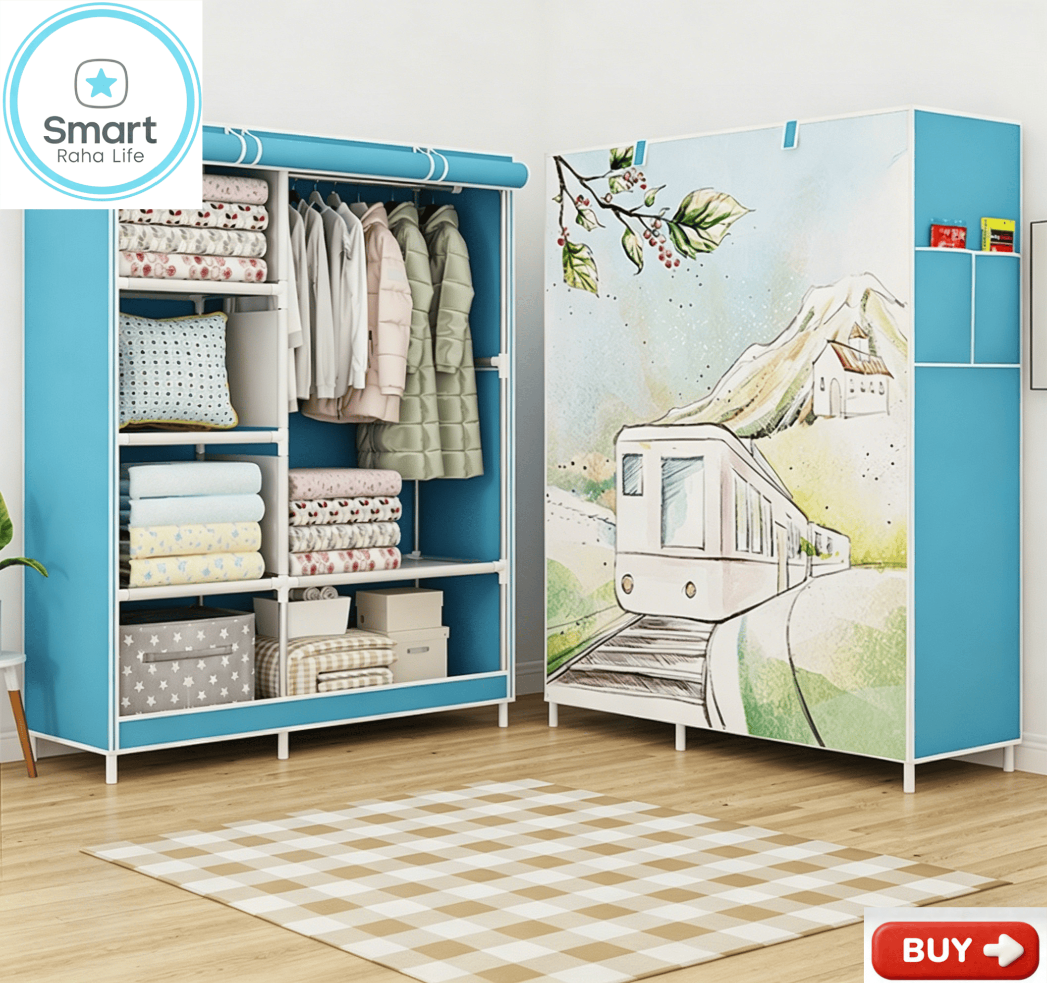 【Promotion】Smartrahalife 105CM 2 Columns Metallic Wardrobe Large Capacity Closet Organizer Assemble Storage Closet Portable Clothing Rack for Bedroom, Home, Dormitory Sturdy Steel Frame