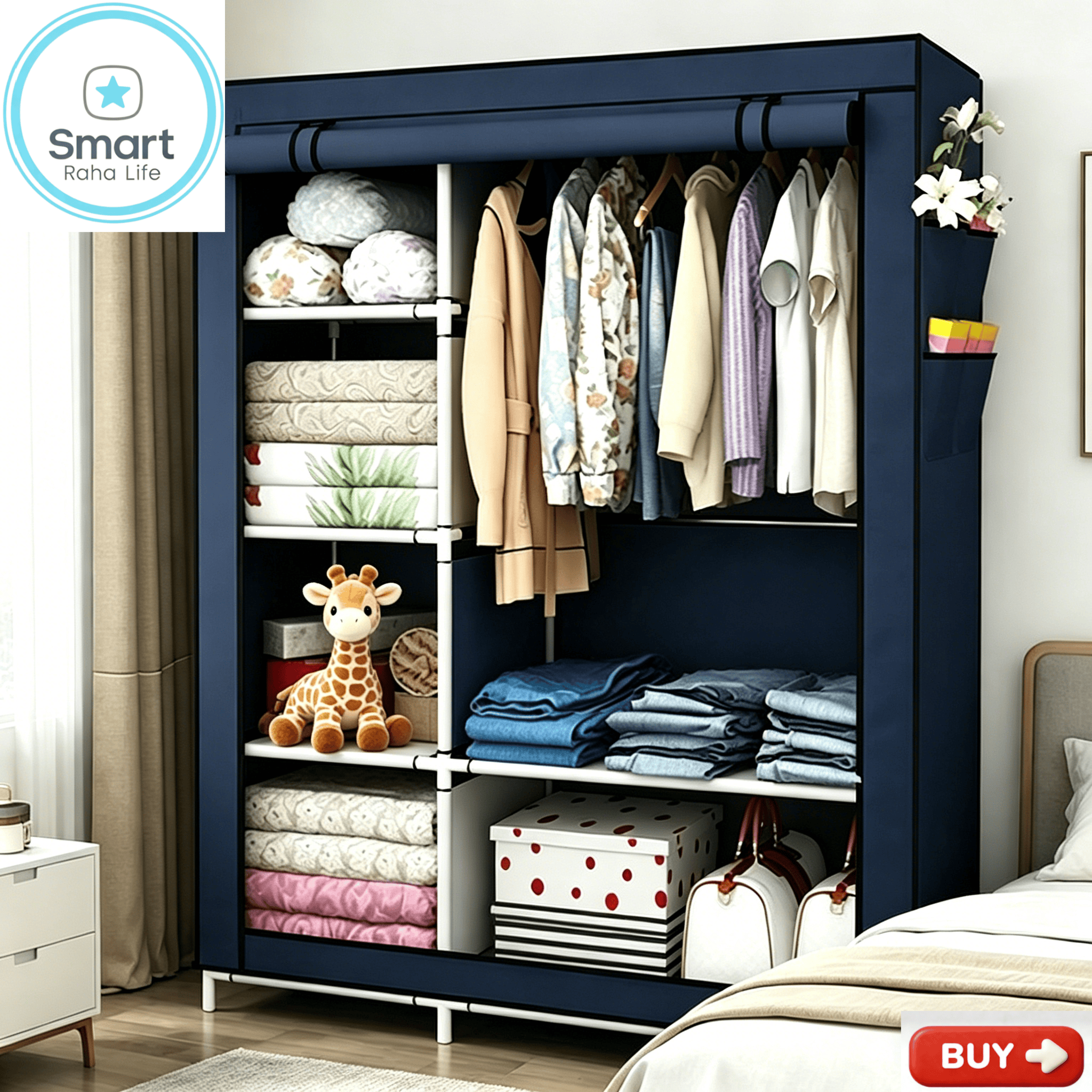 【Promotion】Smartrahalife 105CM 2 Columns Metallic Wardrobe Large Capacity Closet Organizer Assemble Storage Closet Portable Clothing Rack for Bedroom, Home, Dormitory Sturdy Steel Frame
