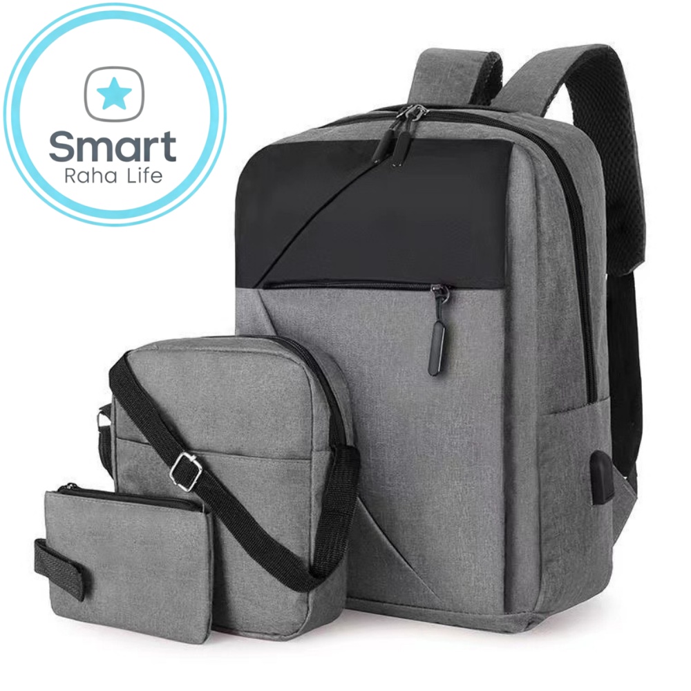 Smartrahalife 3-Piece Laptop Backpack Set, USB Charging Anti-Theft Travel Bags for Men Women, Lightweight Nylon School Bookbags Medium Size for College Business