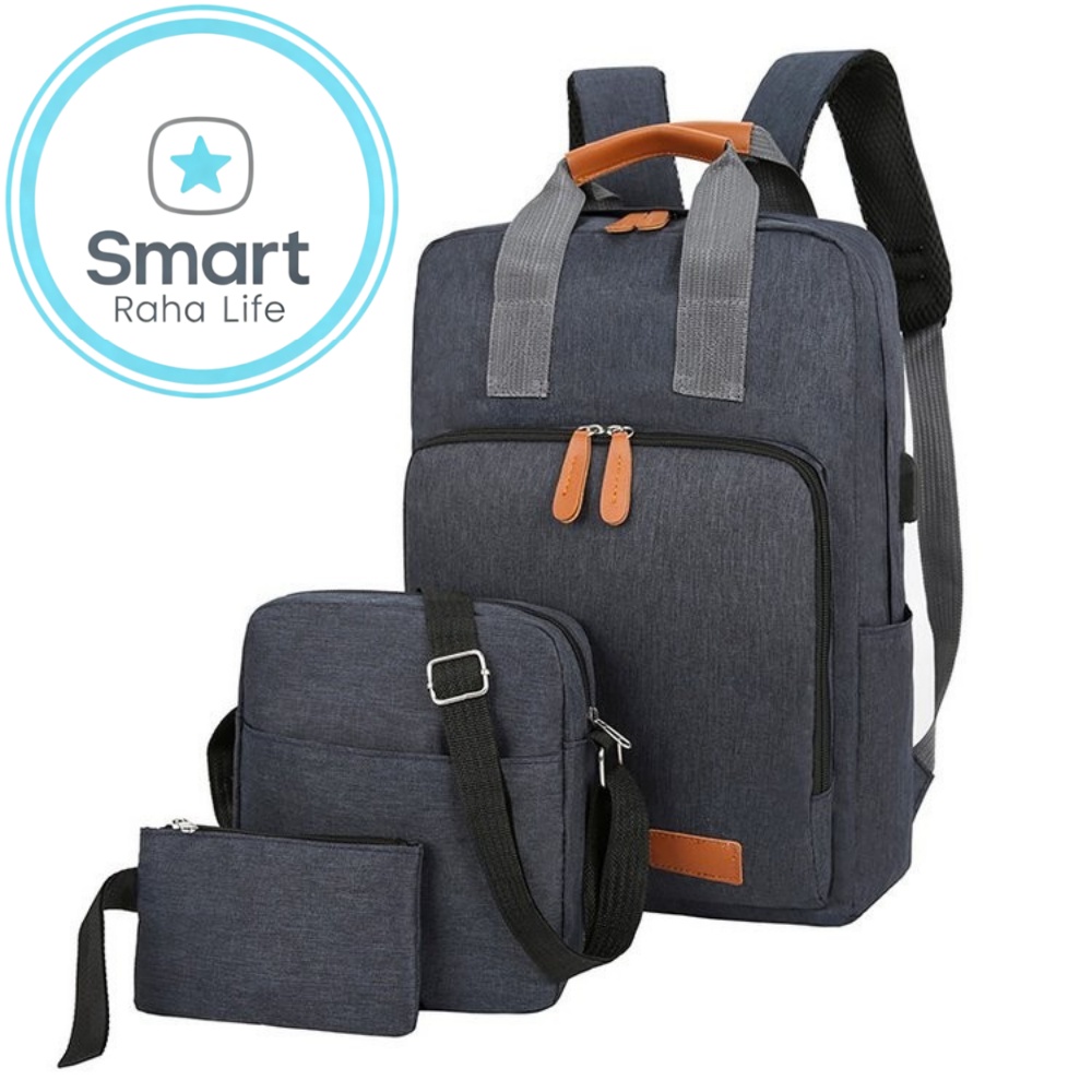 Smartrahalife 3-Piece Laptop Backpack Set, USB Charging Anti-Theft Travel Bags for Men Women, Lightweight Nylon School Bookbags Medium Size for College Business
