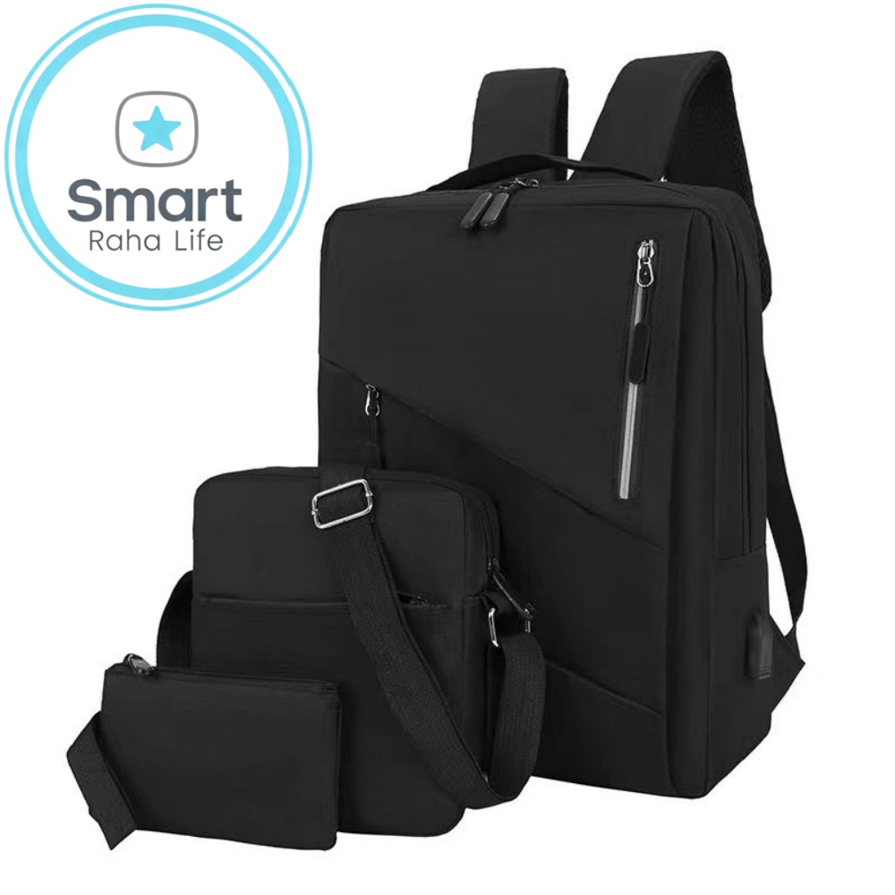 Smartrahalife 3-Piece Laptop Backpack Set, USB Charging Anti-Theft Travel Bags for Men Women, Lightweight Nylon School Bookbags Medium Size for College Business