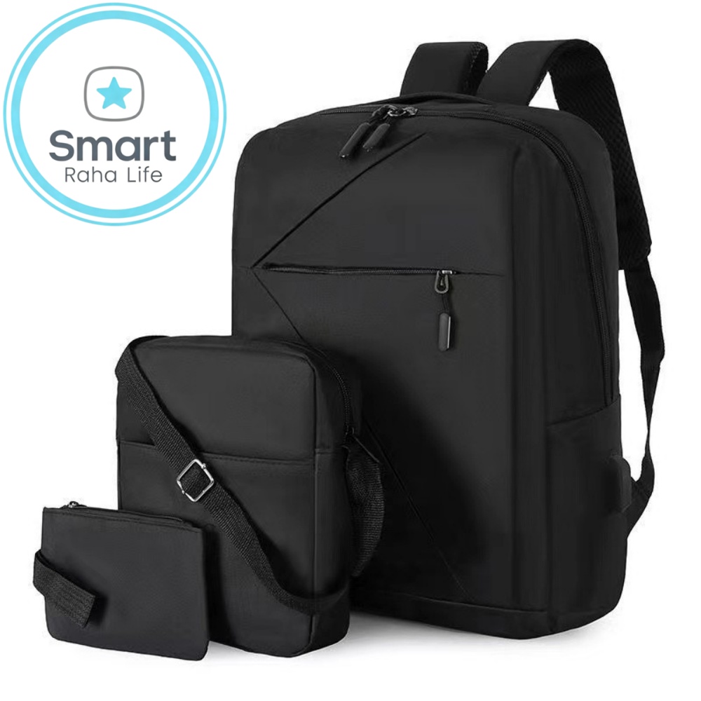 Smartrahalife 3-Piece Laptop Backpack Set, USB Charging Anti-Theft Travel Bags for Men Women, Lightweight Nylon School Bookbags Medium Size for College Business