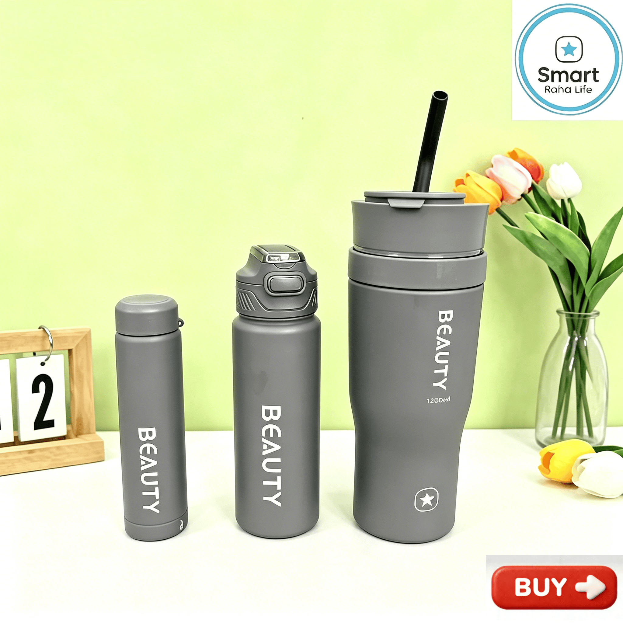 Smartrahalife 3PCS Water Bottles Set 40oz Large Capacity 1200ml/700ml/260ml,3-in-1 Stanley Style Travel Mugs with Straw & Leakproof Lid, Portable Sports Cup for Office  Gym Coffee Smoothie Juice