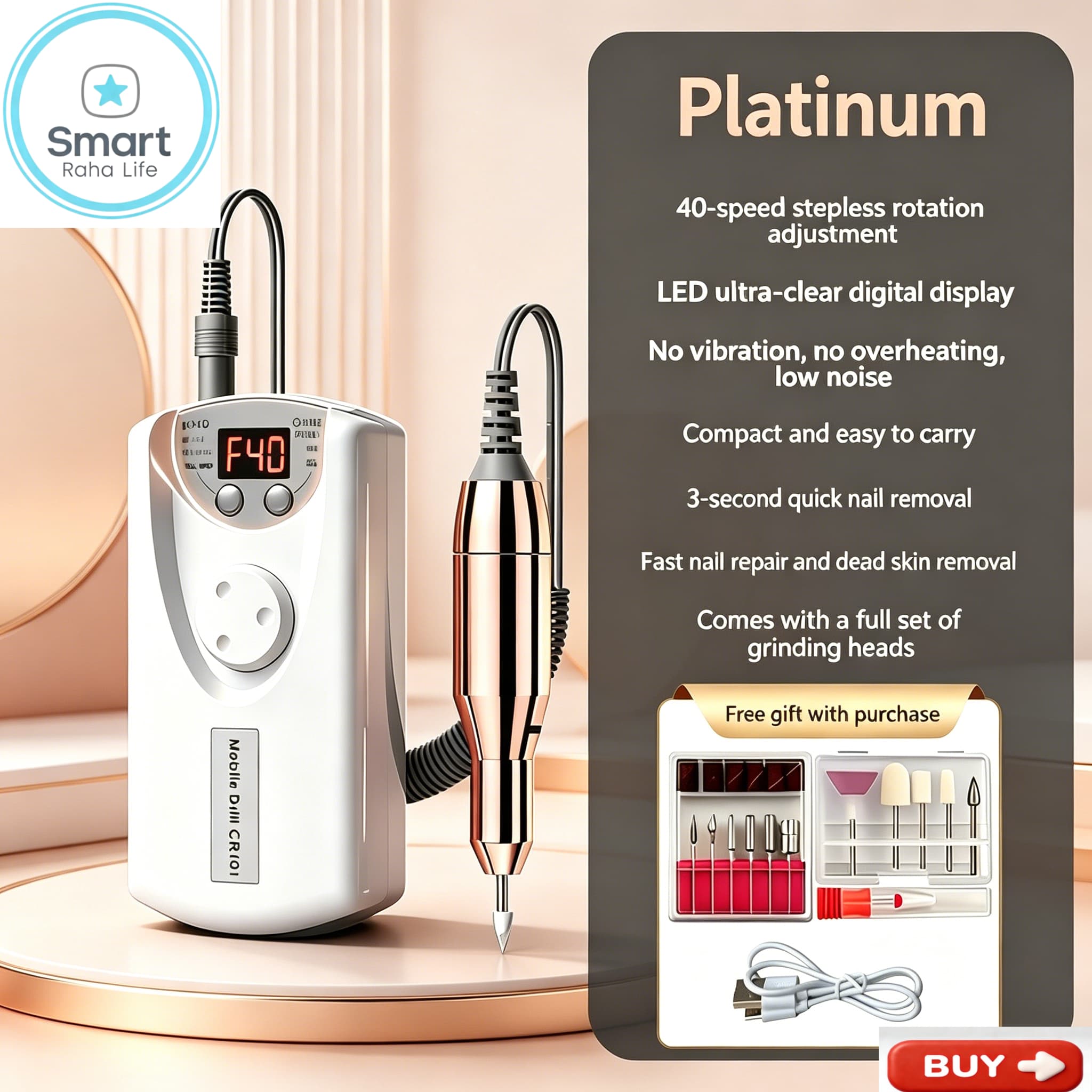 【Promotion】Smartrahalife Cordless Electric Nail Drill Kit – Rechargeable Professional E-file for Acrylic & Gel Nail Removal, Low Heat Handheld Manicure Tool with Multiple Bits