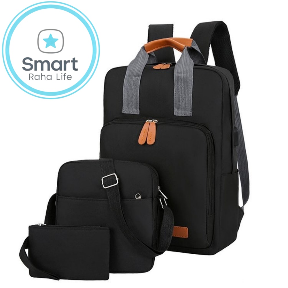 Smartrahalife 3-Piece Laptop Backpack Set, USB Charging Anti-Theft Travel Bags for Men Women, Lightweight Nylon School Bookbags Medium Size for College Business