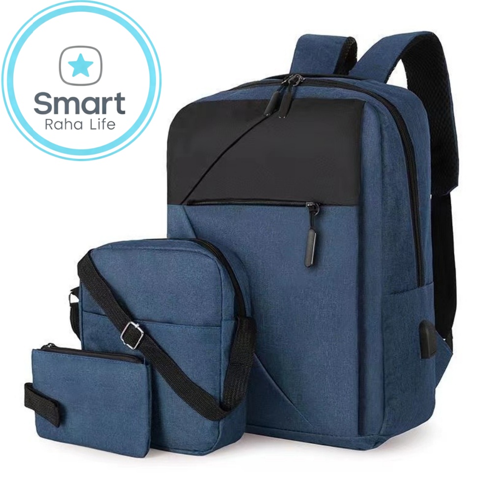 Smartrahalife 3-Piece Laptop Backpack Set, USB Charging Anti-Theft Travel Bags for Men Women, Lightweight Nylon School Bookbags Medium Size for College Business
