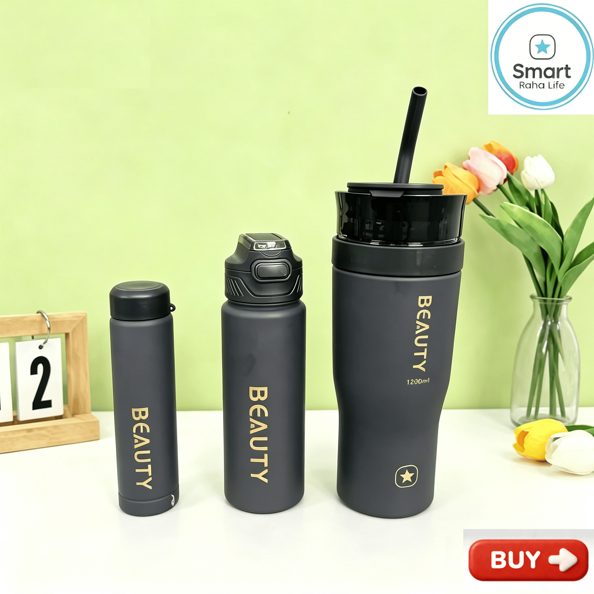 Smartrahalife 3PCS Water Bottles Set 40oz Large Capacity 1200ml/700ml/260ml,3-in-1 Stanley Style Travel Mugs with Straw & Leakproof Lid, Portable Sports Cup for Office  Gym Coffee Smoothie Juice