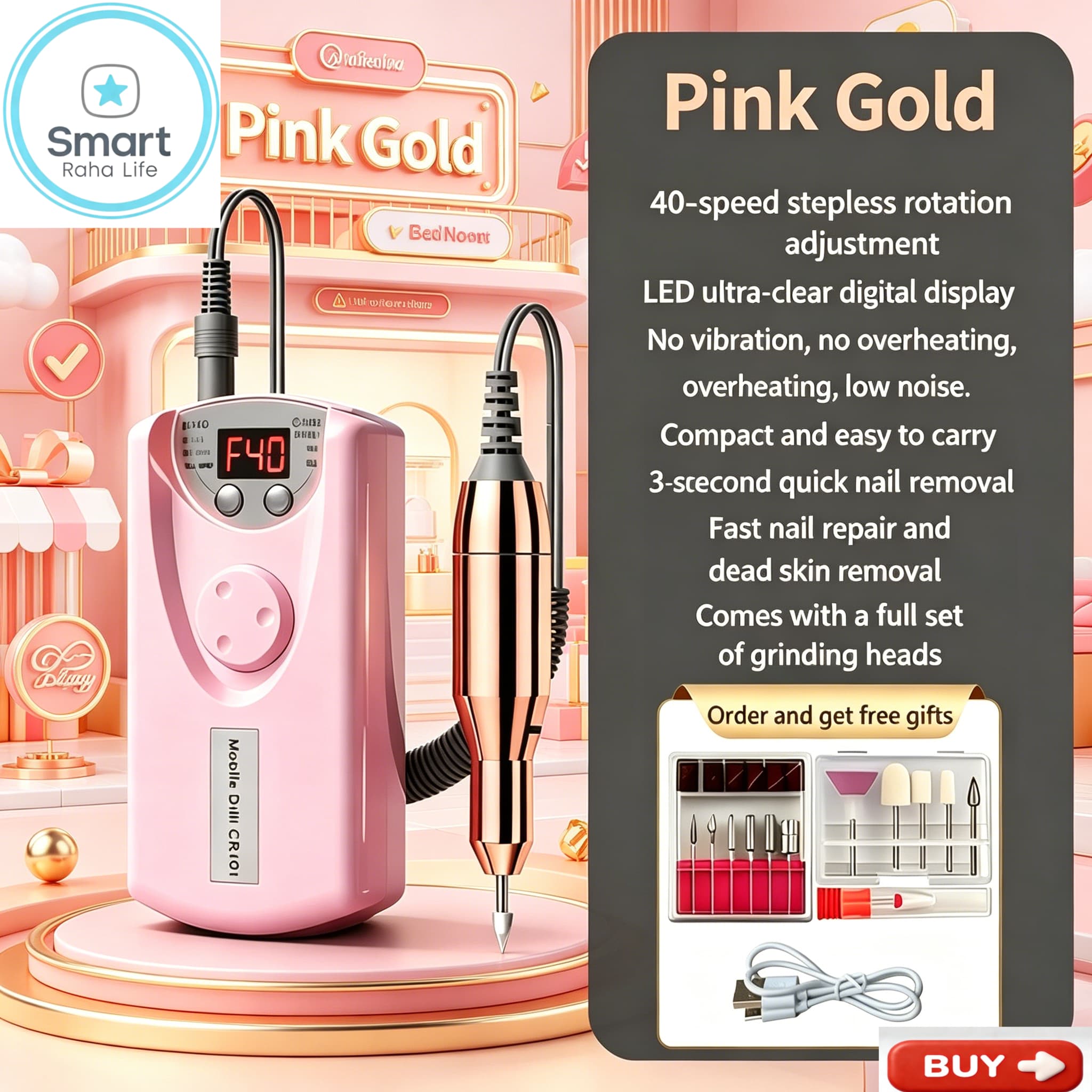 【Promotion】Smartrahalife Cordless Electric Nail Drill Kit – Rechargeable Professional E-file for Acrylic & Gel Nail Removal, Low Heat Handheld Manicure Tool with Multiple Bits