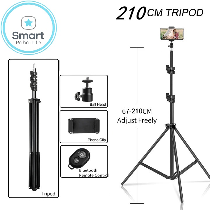 【Promotion】Smartrahalife 2.1M 4-in-1 Universal Tripod Stand Kit – Includes Ball Head, Phone Clip & Bluetooth Remote, Compatible with Camera, Smartphone, Projector, Monopod for Vlogging, Live Streaming