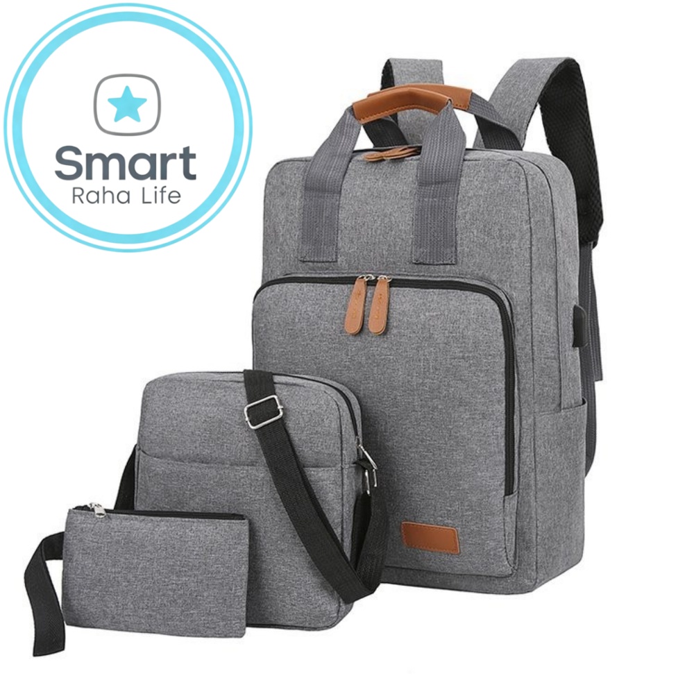 Smartrahalife 3-Piece Laptop Backpack Set, USB Charging Anti-Theft Travel Bags for Men Women, Lightweight Nylon School Bookbags Medium Size for College Business