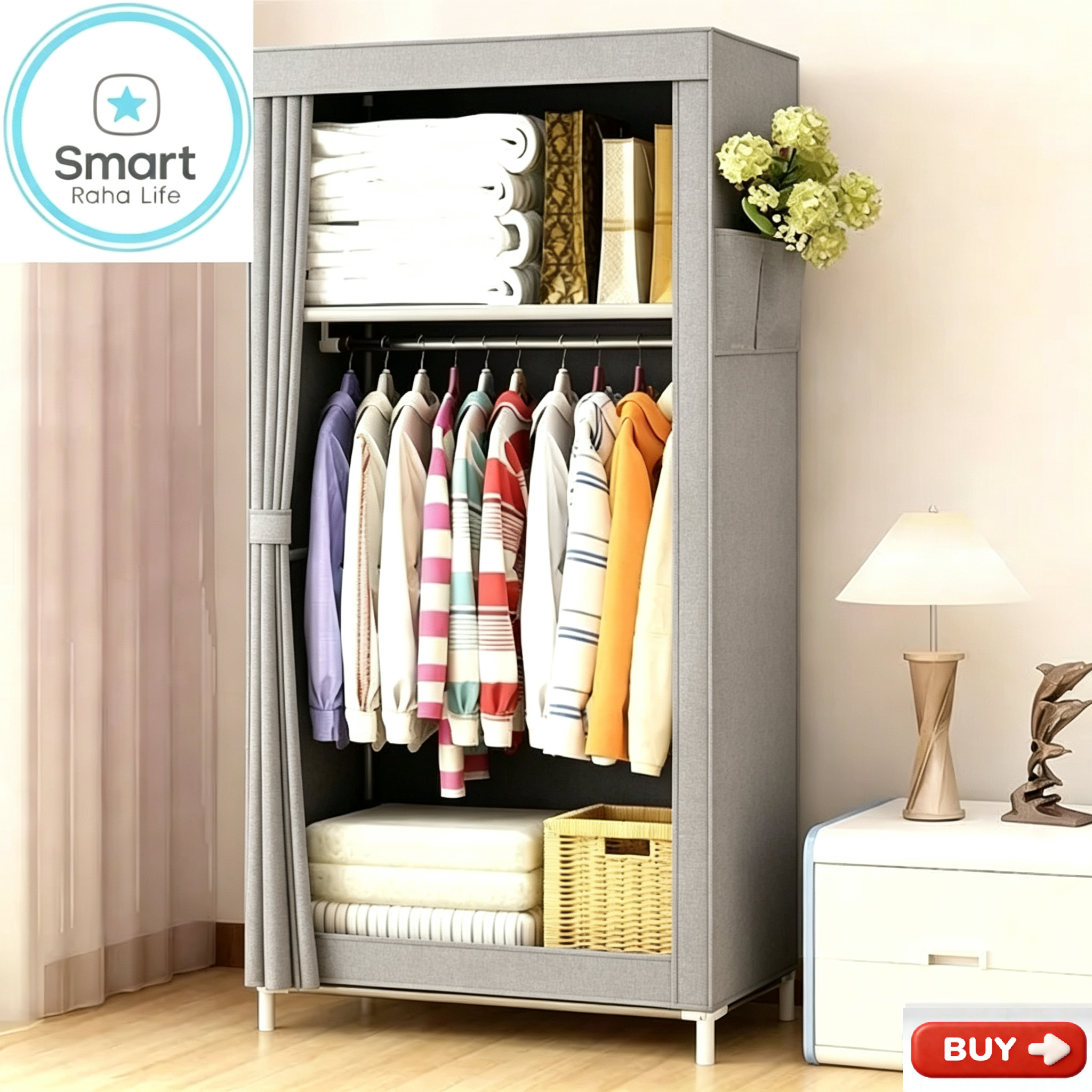 【Promotion】Smartrahalife 60CM Portable Wardrobe Large Capacity Closet Organizer Assemble Storage Closet Metallic Clothing Rack for Bedroom Home Dormitory Sturdy Steel Frame
