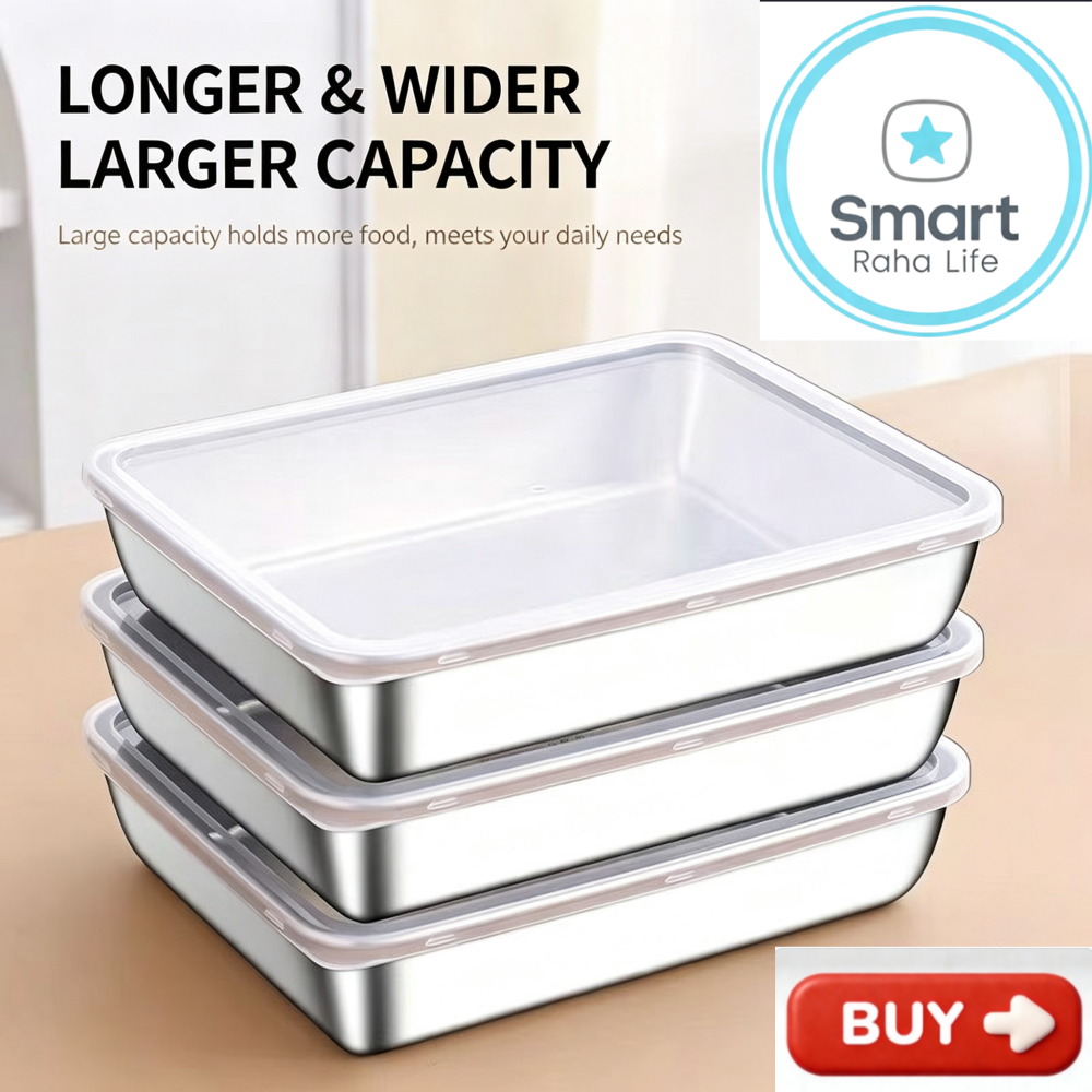 Smart raha life 3PC/1set Stainless Steel Food Storage Containers Baking Pan with Lids Kitchen Tray Stackable Container for Kitchen Refrigerator Organization Fresh-Keeping，siza：26*20*5
