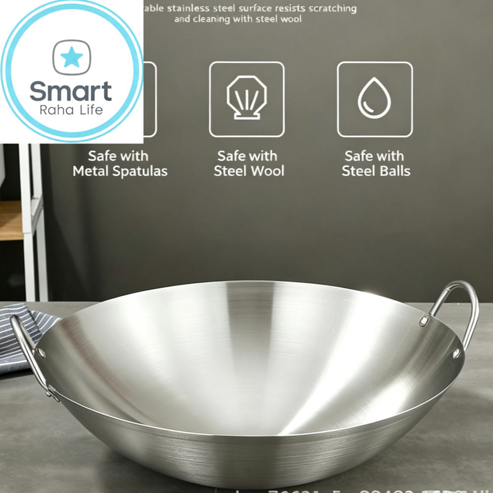 【Promotion】Smartrahalife 30cm-32cm-34cm Non-Stick Wok Stainless Steel Deep Frying Cooking Pots frying pan Pots & Pans Cookware