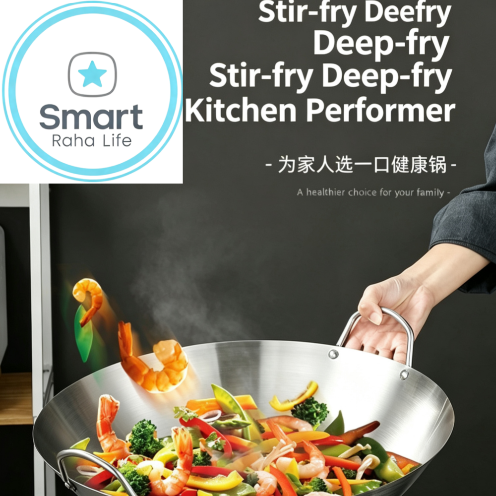 【Promotion】Smartrahalife 30cm-32cm-34cm Non-Stick Wok Stainless Steel Deep Frying Cooking Pots frying pan Pots & Pans Cookware