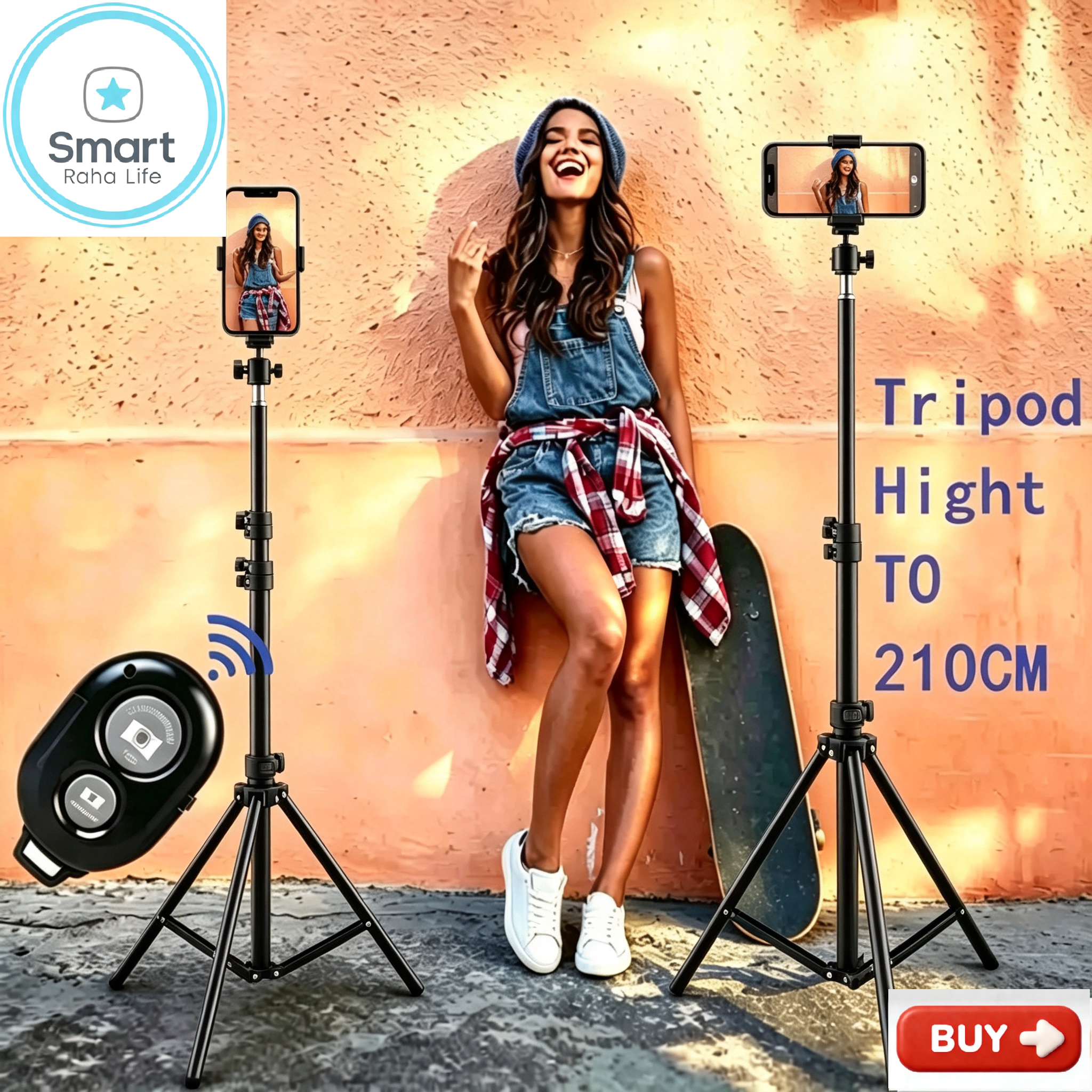 【Promotion】Smartrahalife 2.1M 4-in-1 Universal Tripod Stand Kit – Includes Ball Head, Phone Clip & Bluetooth Remote, Compatible with Camera, Smartphone, Projector, Monopod for Vlogging, Live Streaming