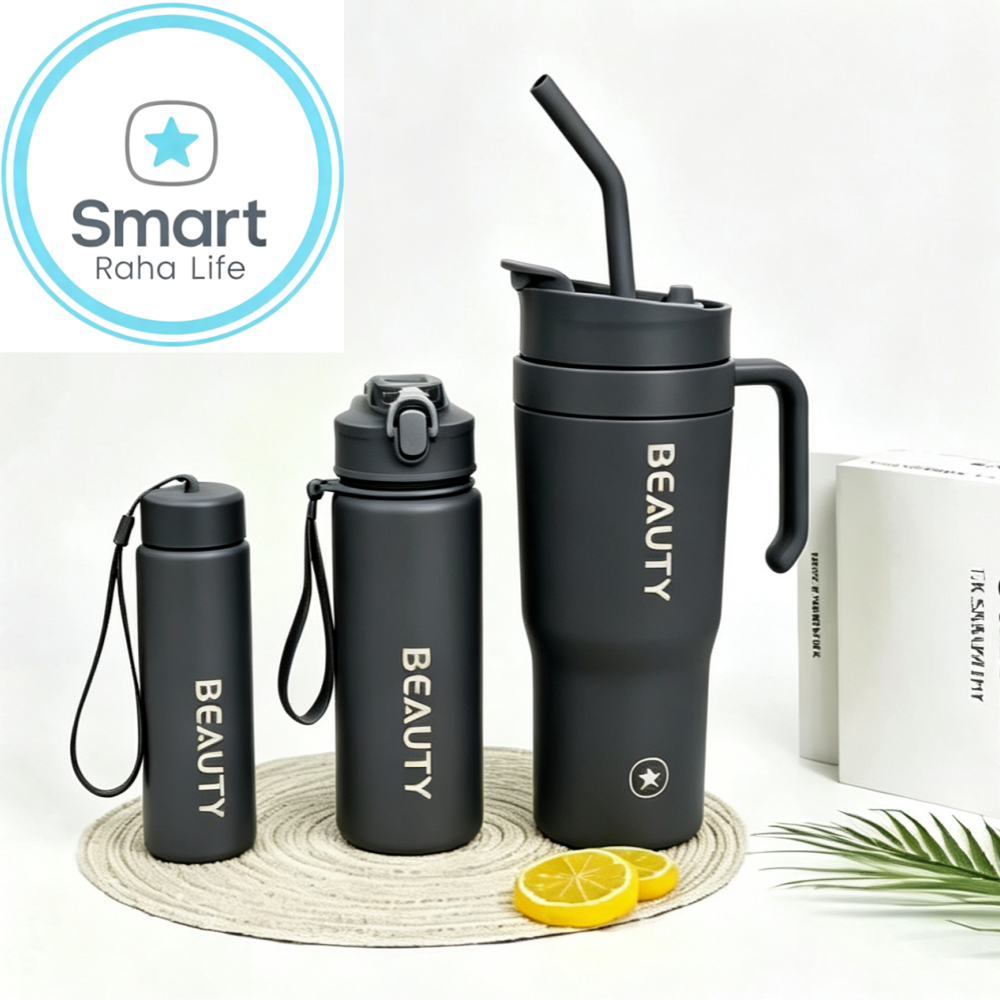 Smartrahalife 3PCS Water Bottles Set 40oz Large Capacity 1200ml/700ml/260ml,3-in-1 Stanley Style Travel Mugs with Straw & Leakproof Lid, Portable Sports Cup for Office  Gym Coffee Smoothie Juice