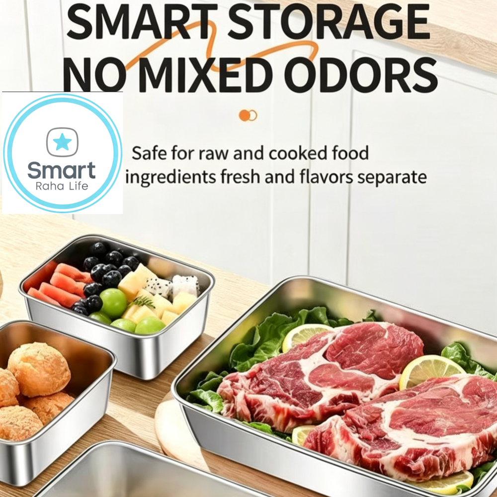 Smart raha life 3PC/1set Stainless Steel Food Storage Containers Baking Pan with Lids Kitchen Tray Stackable Container for Kitchen Refrigerator Organization Fresh-Keeping，siza：26*20*5