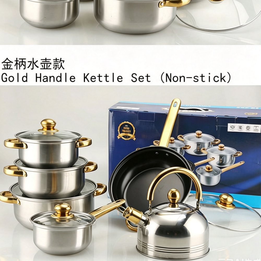 【Promotion】Lightweight and thin. Do not purchase if you mind。12PCS Stainless Steel Kettle Cookware Set – Non-Stick Cooking Pots & Pans Set | Durable Kitchen Set for Home, Hotel & Restaurant Cooking
