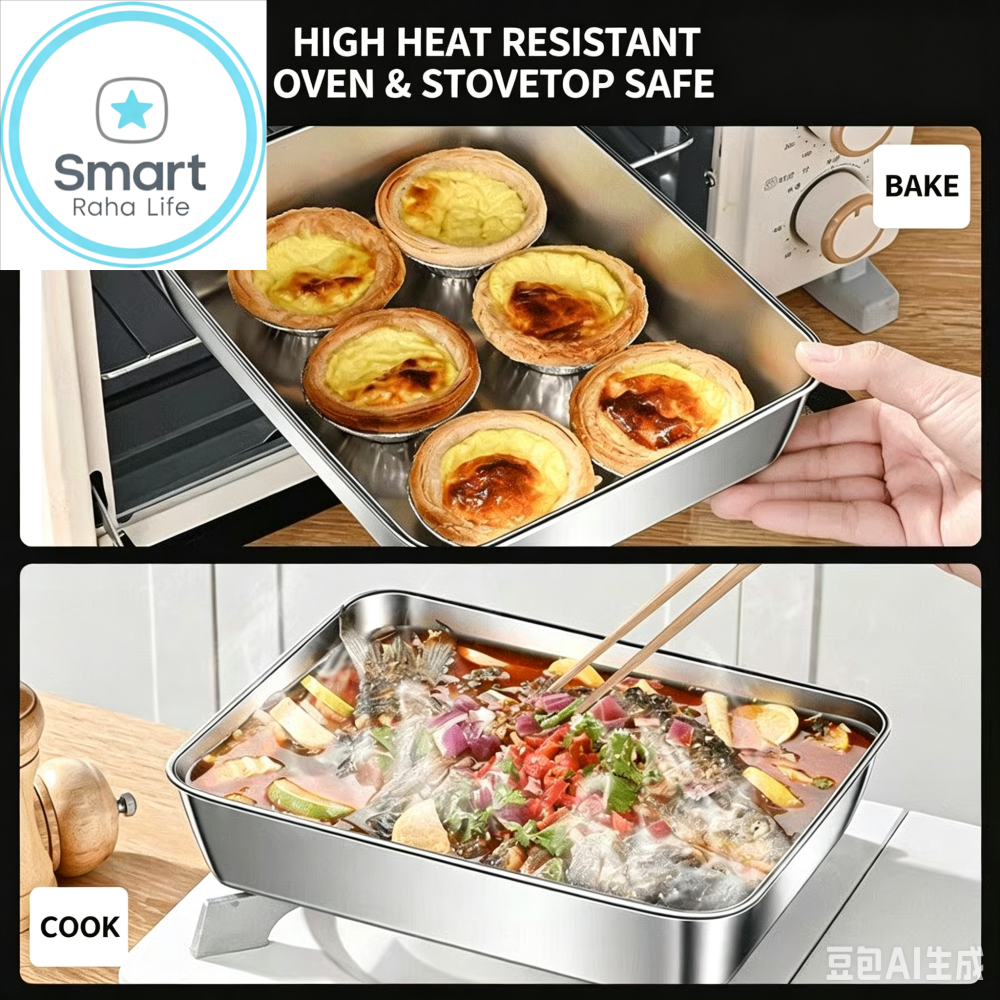 Smart raha life 3PC/1set Stainless Steel Food Storage Containers Baking Pan with Lids Kitchen Tray Stackable Container for Kitchen Refrigerator Organization Fresh-Keeping，siza：26*20*5
