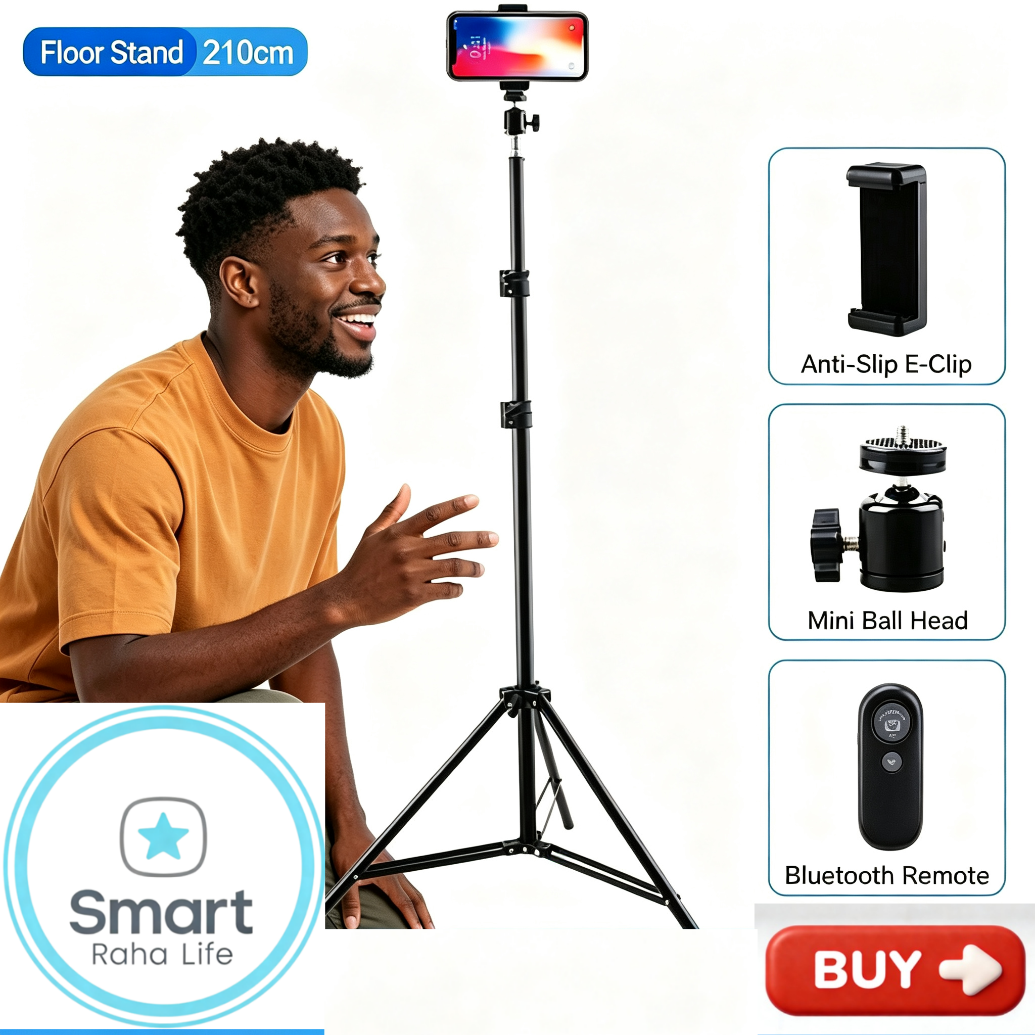 【Promotion】Smartrahalife 2.1M 4-in-1 Universal Tripod Stand Kit – Includes Ball Head, Phone Clip & Bluetooth Remote, Compatible with Camera, Smartphone, Projector, Monopod for Vlogging, Live Streaming