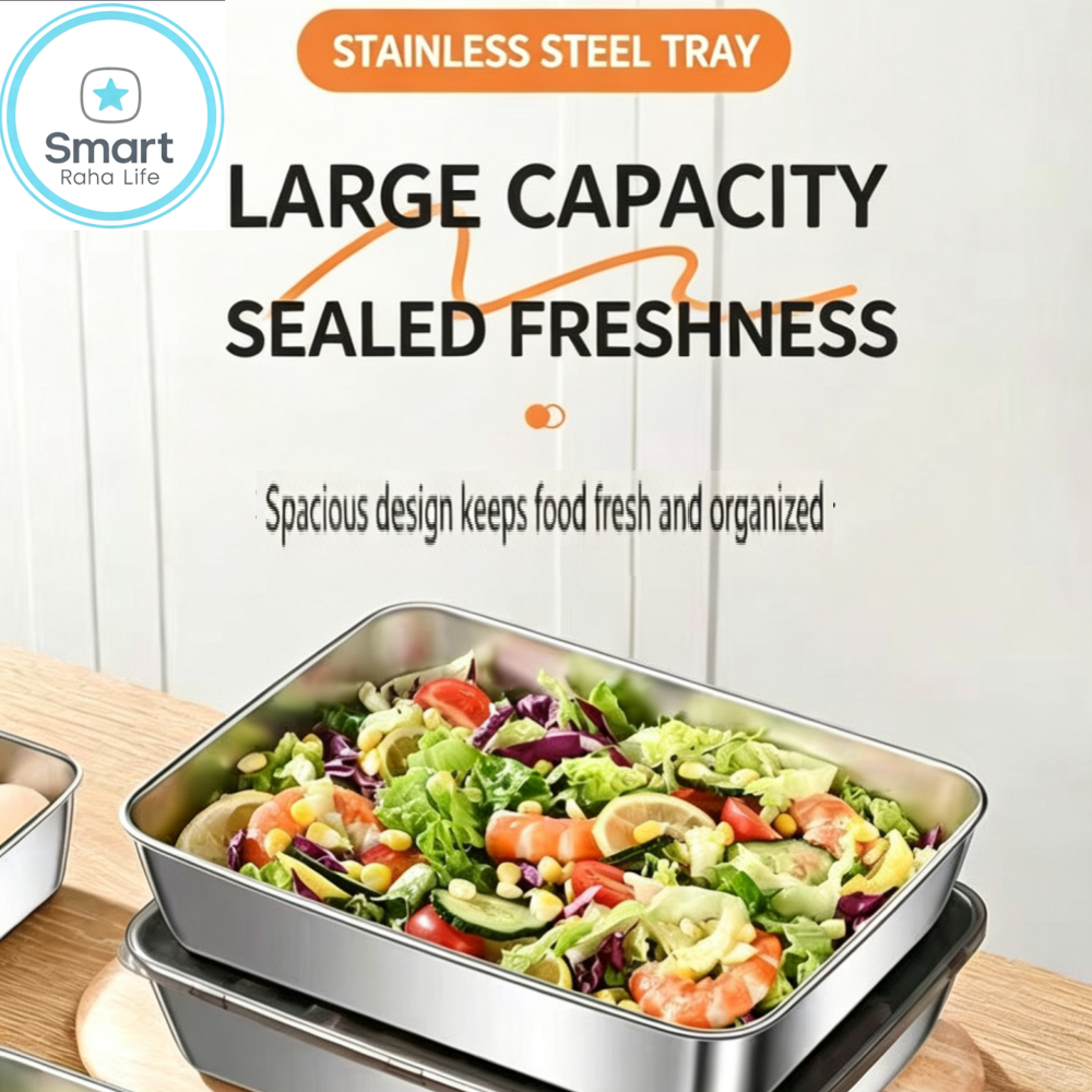 Smart raha life 3PC/1set Stainless Steel Food Storage Containers Baking Pan with Lids Kitchen Tray Stackable Container for Kitchen Refrigerator Organization Fresh-Keeping，siza：26*20*5