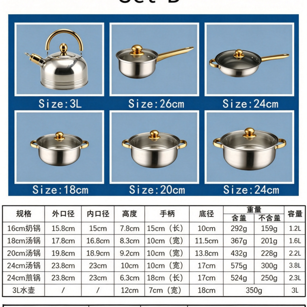 【Promotion】Lightweight and thin. Do not purchase if you mind。12PCS Stainless Steel Kettle Cookware Set – Non-Stick Cooking Pots & Pans Set | Durable Kitchen Set for Home, Hotel & Restaurant Cooking