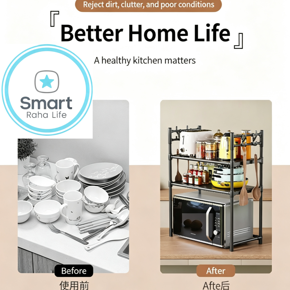 Smartr aha life 2-3 Layer Microwave Oven Rack Steel Pipe Support Moisture Rust Proof Kitchen Countertop Organizer Microwave Stand Utensils Tableware Storage Shelf