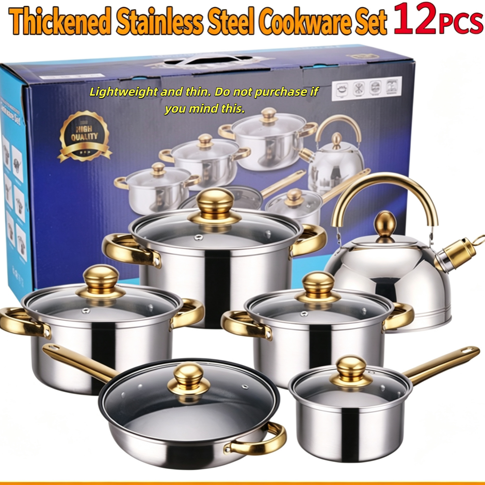 【Promotion】Lightweight and thin. Do not purchase if you mind。12PCS Stainless Steel Kettle Cookware Set – Non-Stick Cooking Pots & Pans Set | Durable Kitchen Set for Home, Hotel & Restaurant Cooking