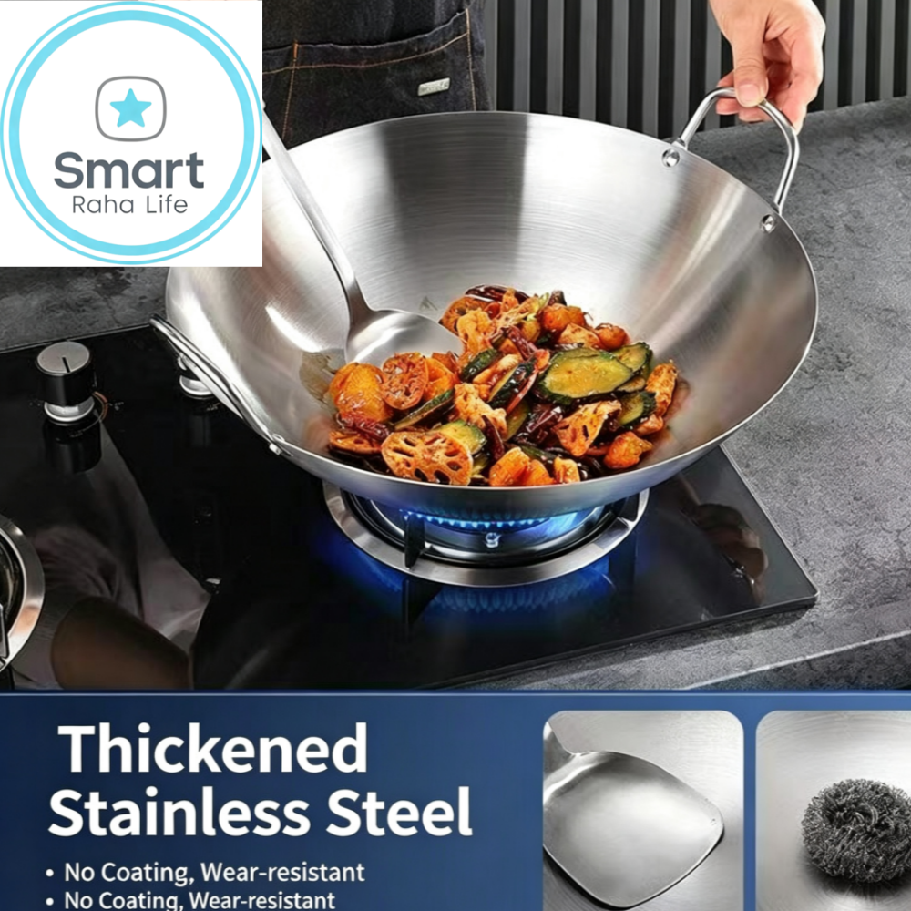 【Promotion】Smartrahalife 30cm-32cm-34cm Non-Stick Wok Stainless Steel Deep Frying Cooking Pots frying pan Pots & Pans Cookware