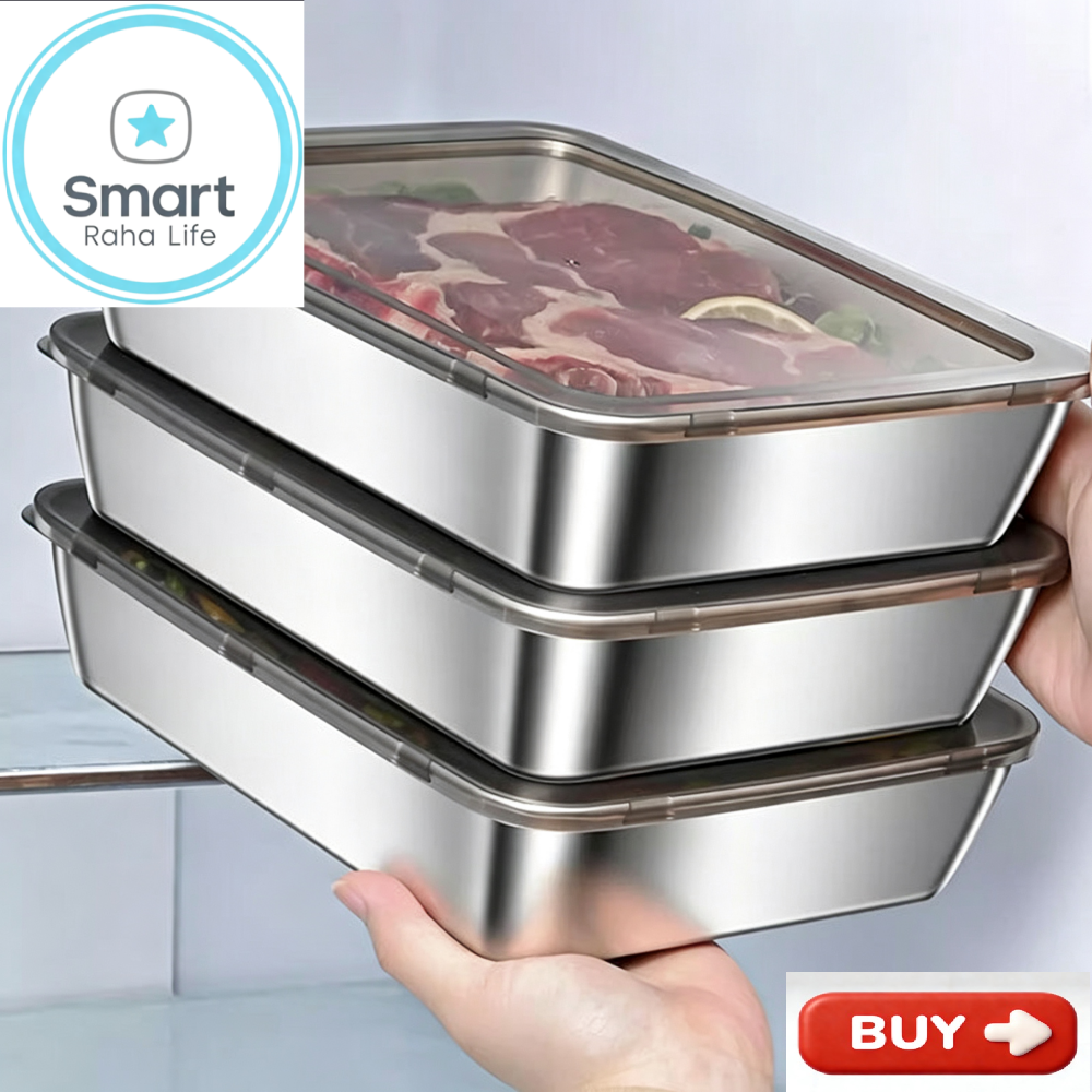 Smart raha life 3PC/1set Stainless Steel Food Storage Containers Baking Pan with Lids Kitchen Tray Stackable Container for Kitchen Refrigerator Organization Fresh-Keeping，siza：26*20*5