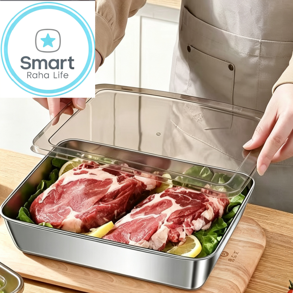Smart raha life 3PC/1set Stainless Steel Food Storage Containers Baking Pan with Lids Kitchen Tray Stackable Container for Kitchen Refrigerator Organization Fresh-Keeping，siza：26*20*5