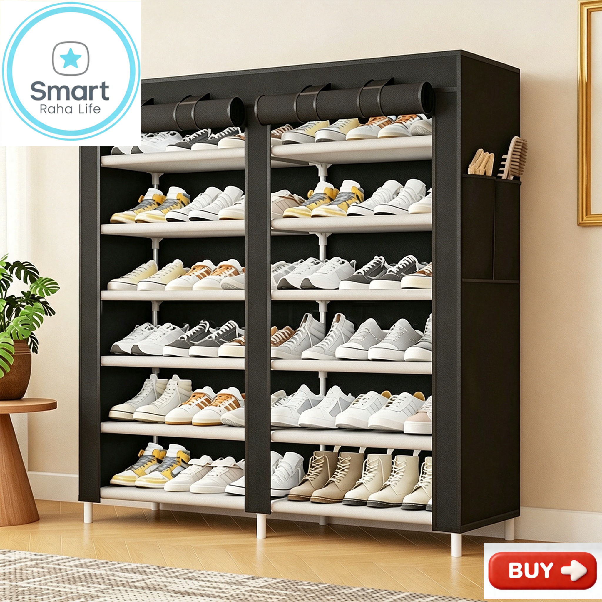 【Promotion】Smartrahalife7 Layer Double Column Dust-proof Shoe Rack Assemble Large Capacity Portable Shoe Rack Stainless Steel with Cover Portable Wardrobe