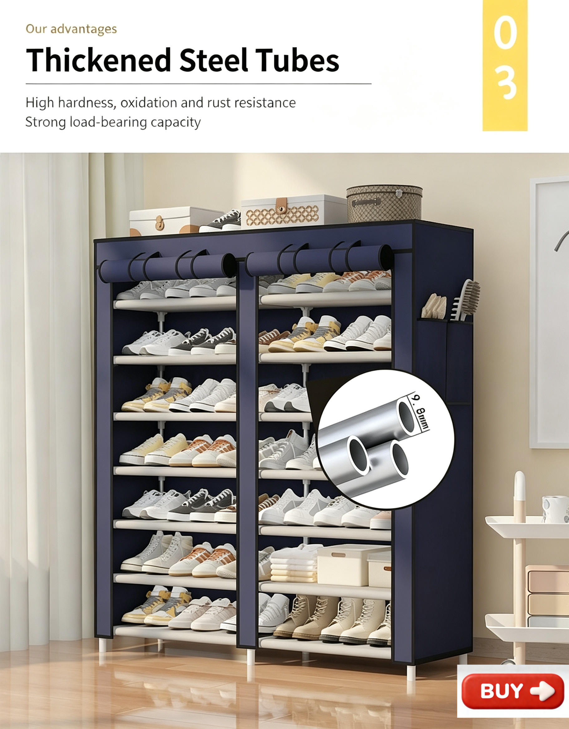 【Promotion】Smartrahalife7 Layer Double Column Dust-proof Shoe Rack Assemble Large Capacity Portable Shoe Rack Stainless Steel with Cover Portable Wardrobe