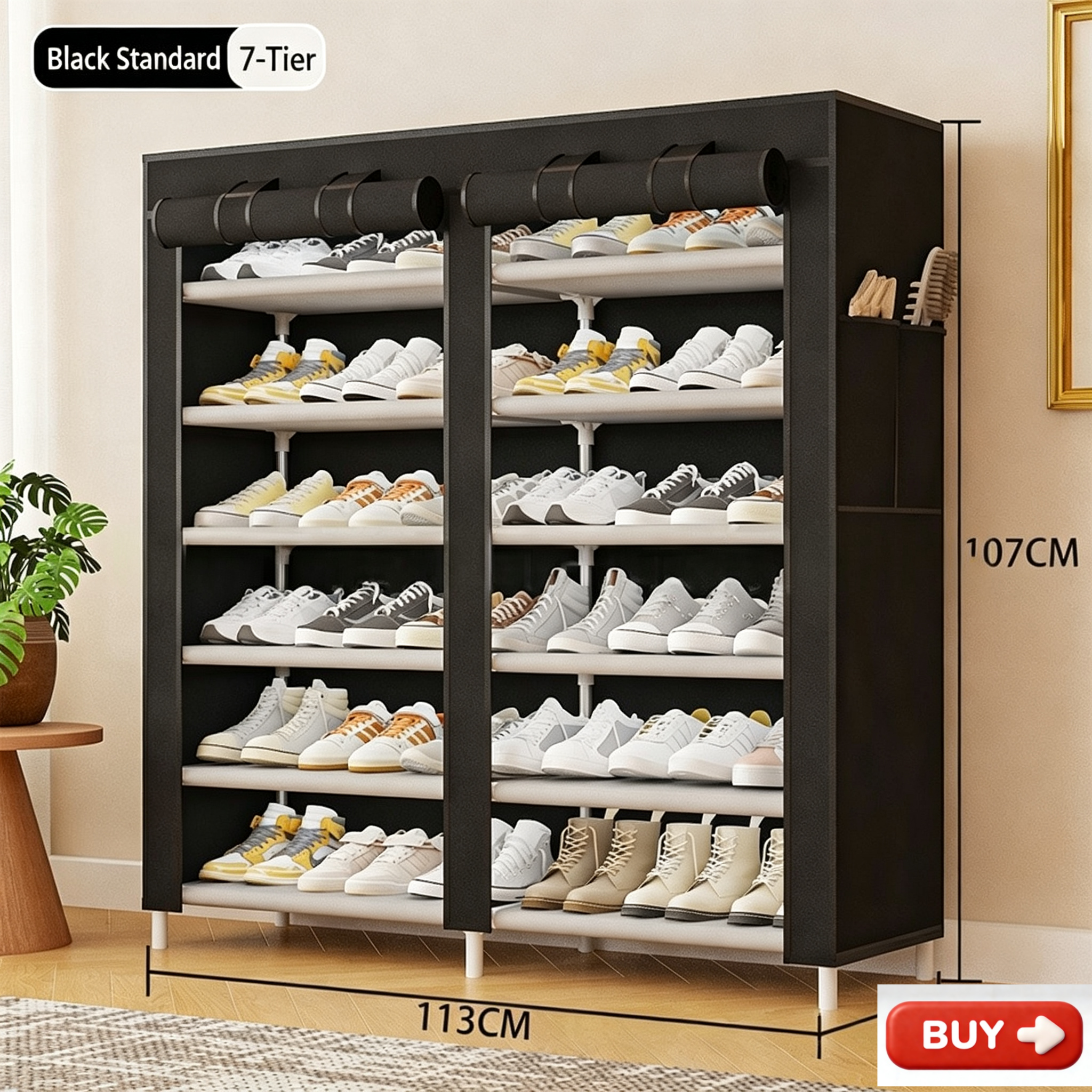 【Promotion】Smartrahalife7 Layer Double Column Dust-proof Shoe Rack Assemble Large Capacity Portable Shoe Rack Stainless Steel with Cover Portable Wardrobe