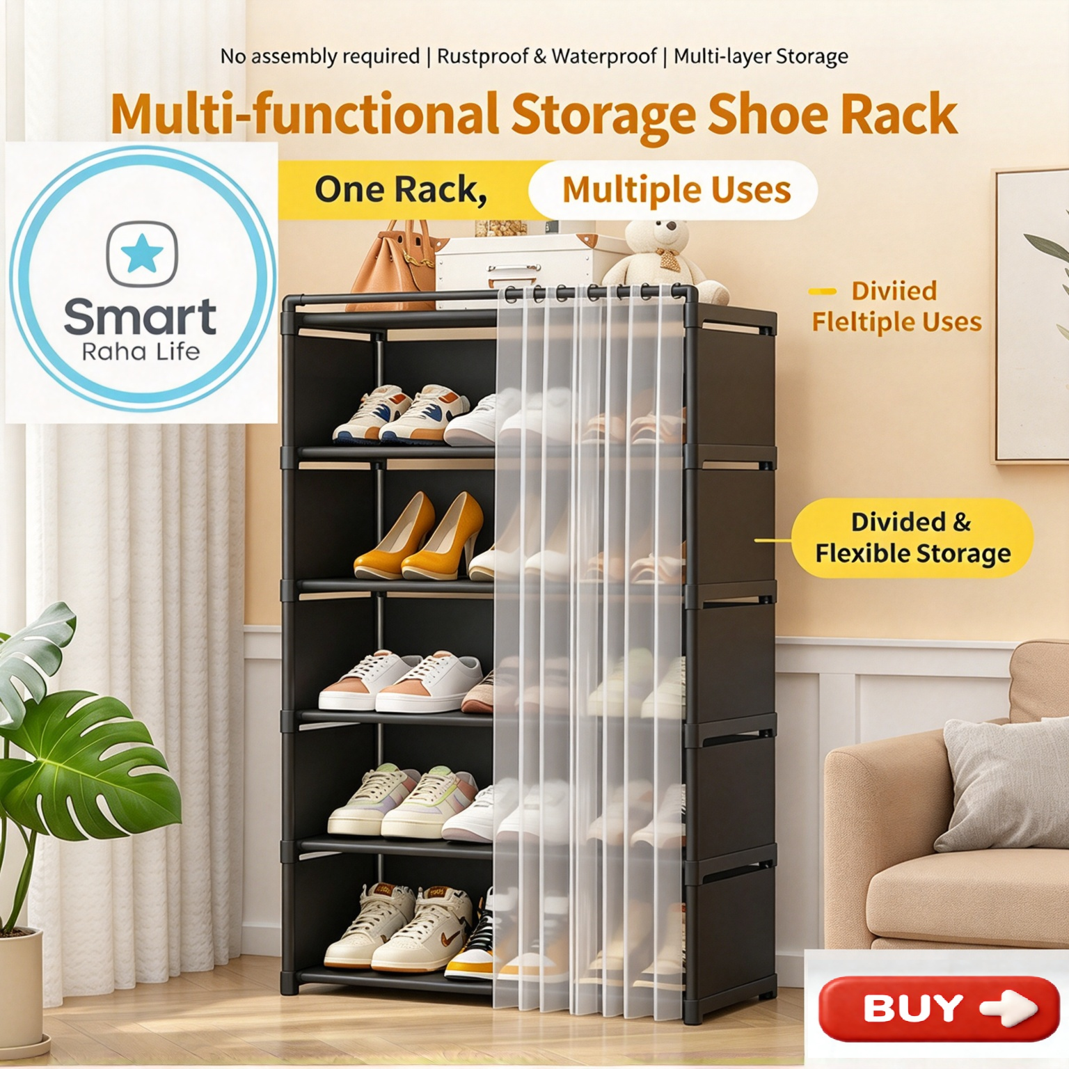 【Promotion】Smartrahalife 6 Layer Shoes Rack Upgraded Organizer Dustproof Household Doorstep Shoes DIY Storage Shelf Assembly Large Capacity Shoes Cabinet