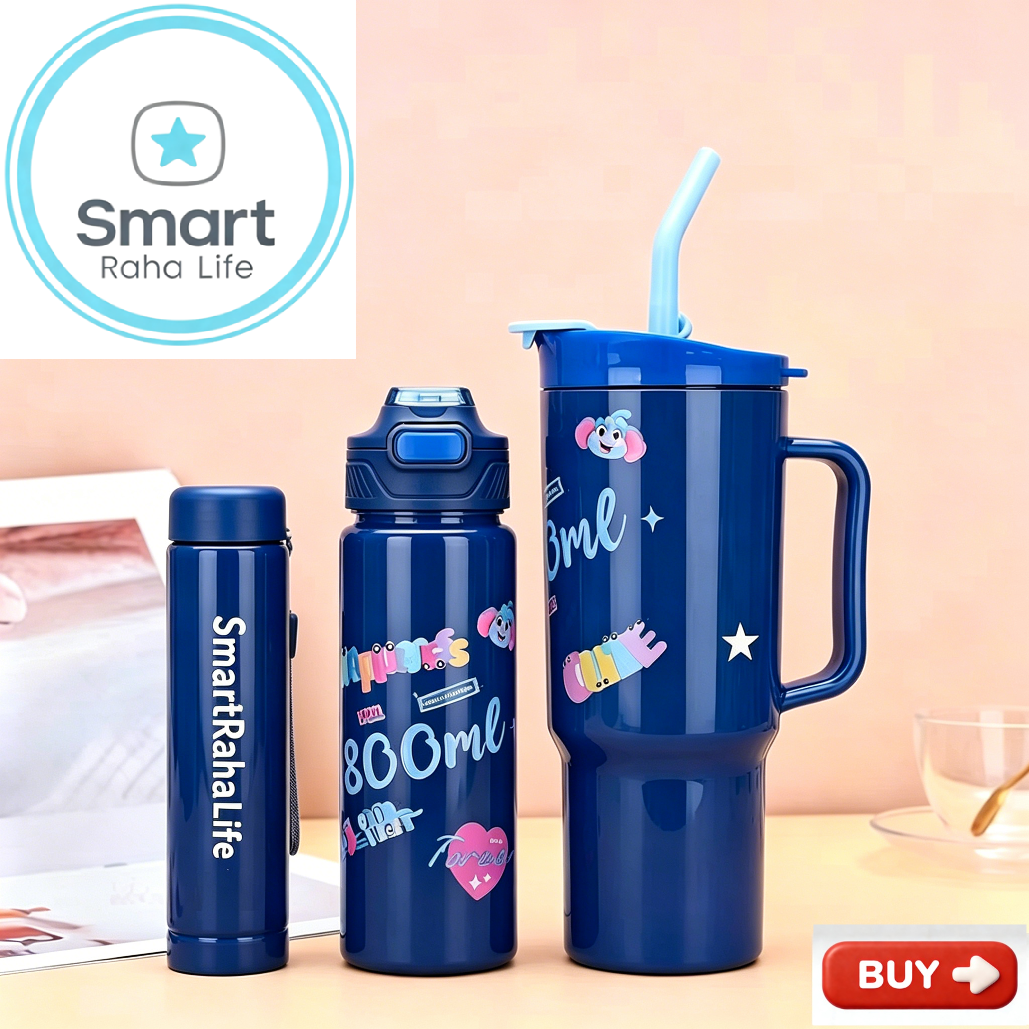 Smartrahalife 3PCS Water Bottles Set 40oz Large Capacity 1200ml/700ml/260ml,3-in-1 Style Travel Mugs with Straw & Leakproof Lid, Portable Sports Cup for Office  Gym Coffee Smoothie Juice