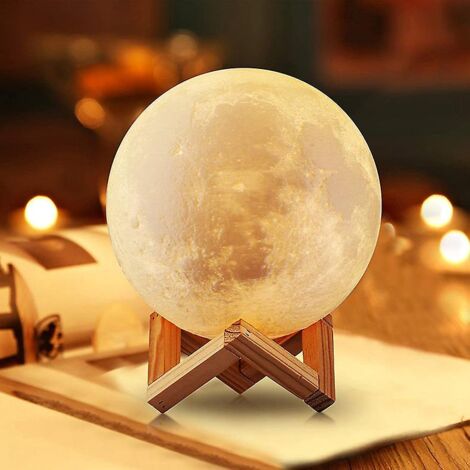 MOONLIGHT LAMP ON A WOOD CHIP BAMBOO STAND MOON LAMP 16 COLORS, DIMMABLE, RECHARGEABLE LUNAR NIGHT LIGHT  FULL SET WITH WOODEN STAND, REMOTE & TOUCH CONTROL - COOL NURSERY DECOR FOR BABY KIDS BEDROOM,