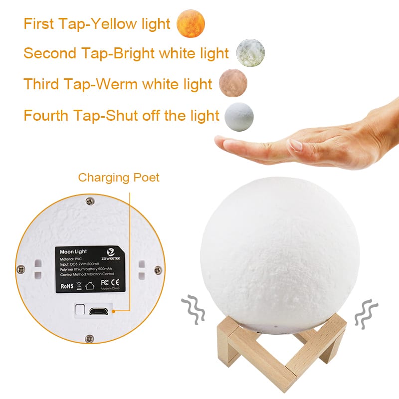 MOONLIGHT LAMP ON A WOOD CHIP BAMBOO STAND MOON LAMP 16 COLORS, DIMMABLE, RECHARGEABLE LUNAR NIGHT LIGHT  FULL SET WITH WOODEN STAND, REMOTE & TOUCH CONTROL - COOL NURSERY DECOR FOR BABY KIDS BEDROOM,