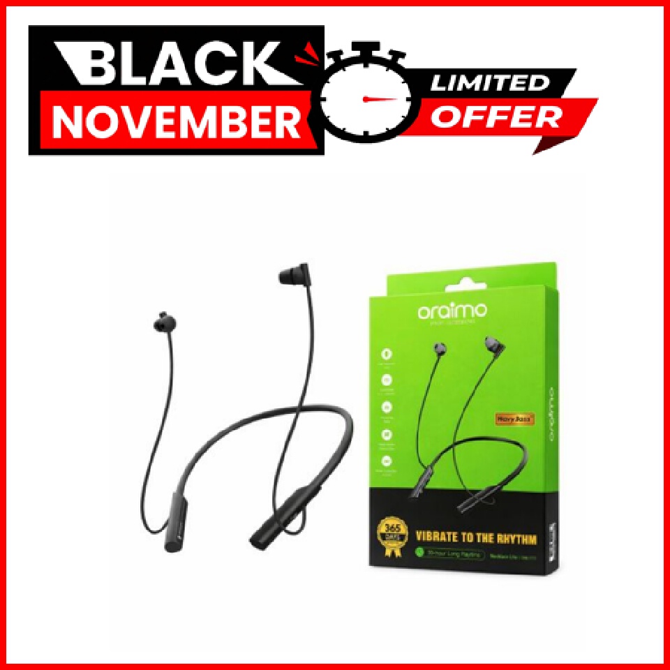 BLACK  NOVEMBER DEALS!! Oraimo Necklace Lite Call Vibration Wireless Headphones IPX4 waterproof and Noise reduction in calls & with dual device connection 30Hr Playtime & Vibration Notifications